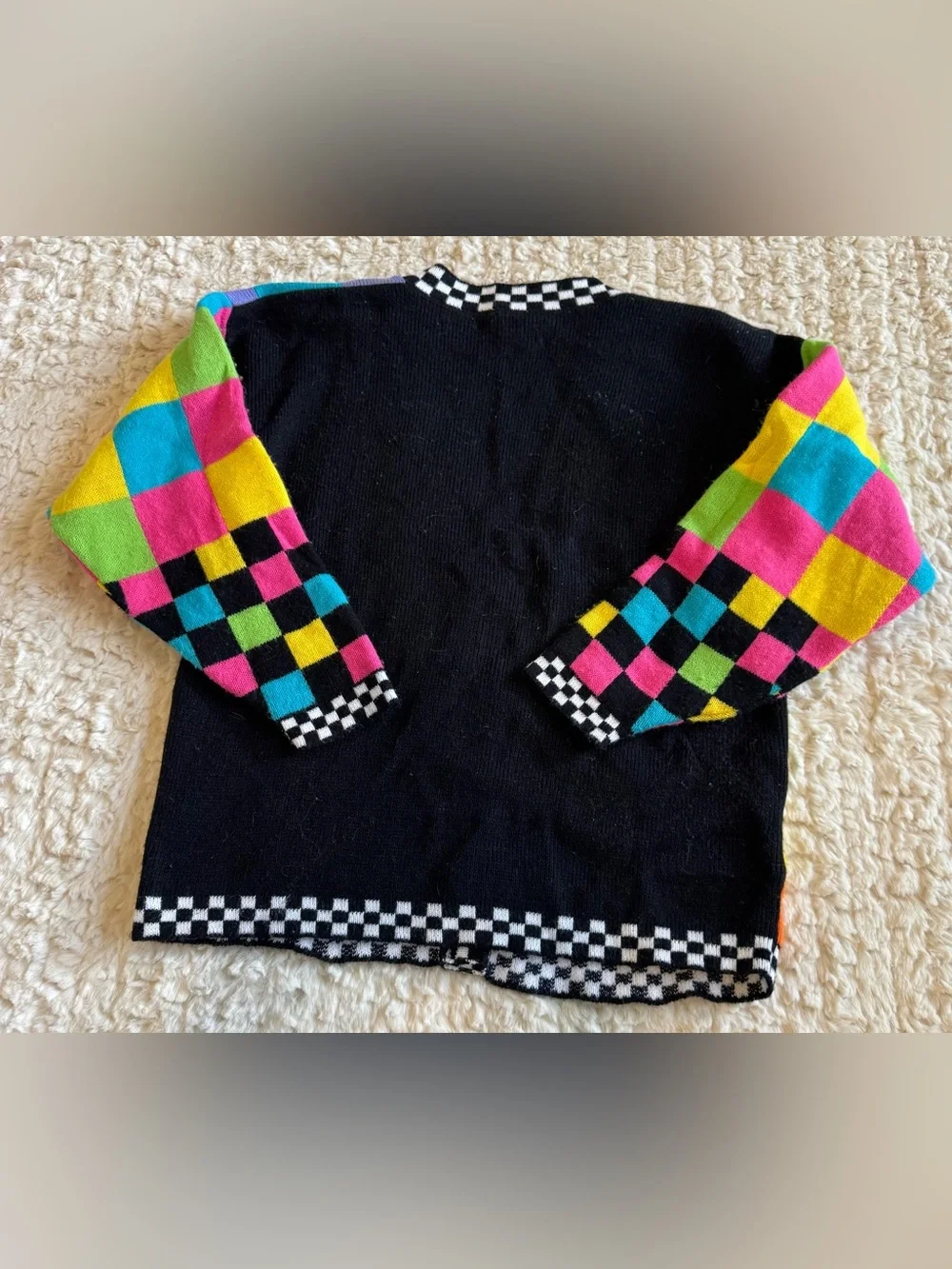 VTG 80s/90s Knitwaves Neon Colorblock Checkerboard Cardigan - Picture 8 of 8